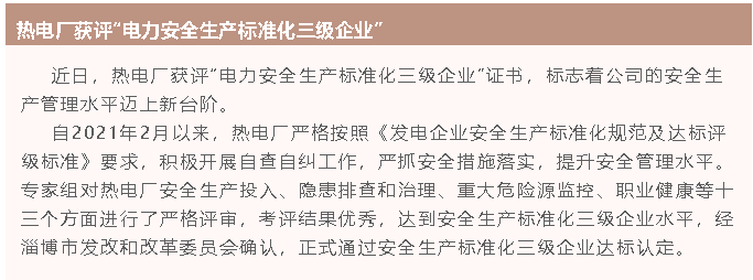 熱電廠獲評(píng)“電力安全生產(chǎn)標(biāo)準(zhǔn)化三級(jí)企業(yè)”82